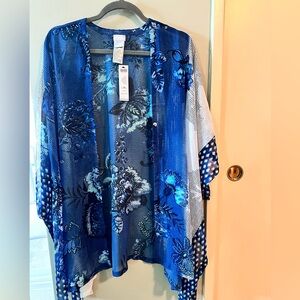 Chico’s Floral Daydream Button Front Ruana, Cover-Up, Navy, Size L/XL, NEW